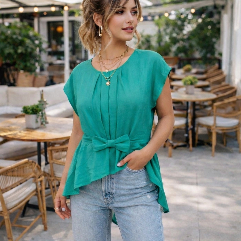 So Pretty Green Bow Detail Blouse #summer Size Large